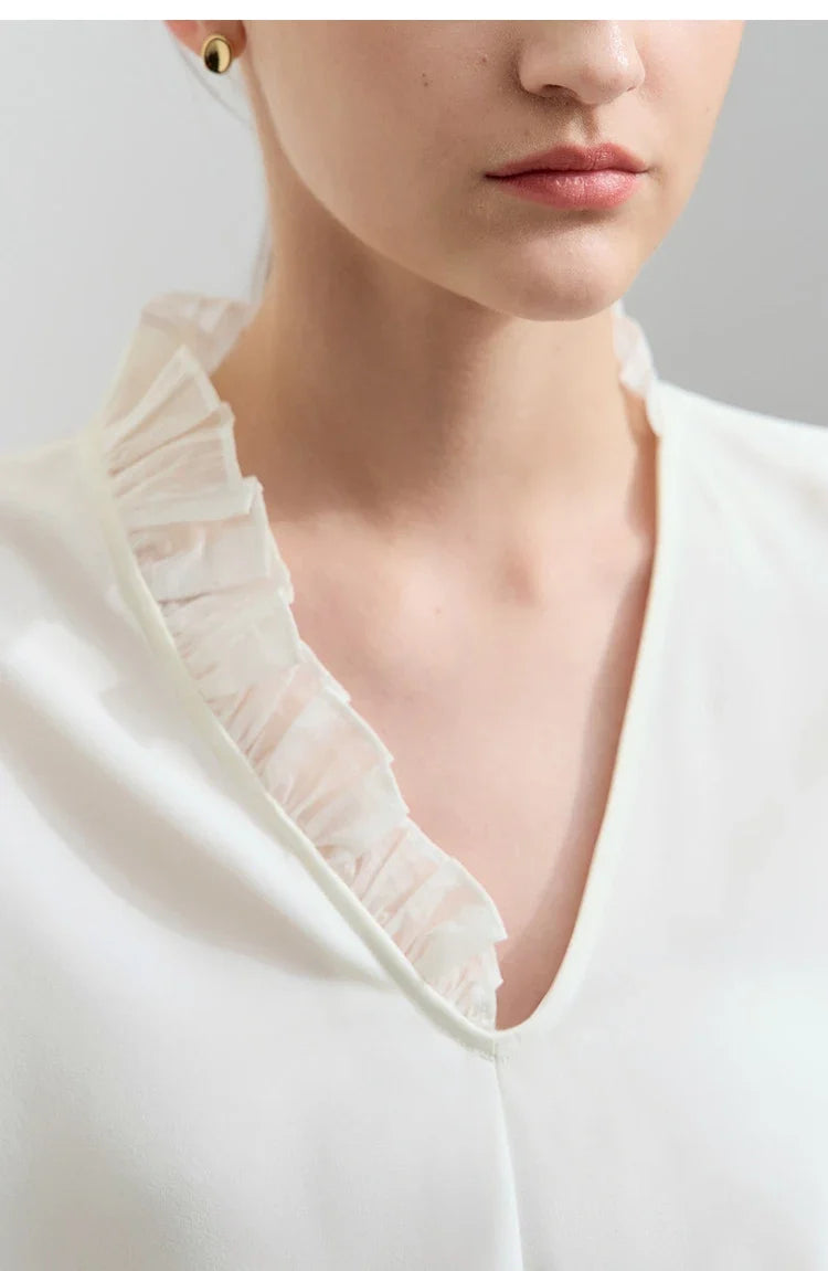 Minimalist Chiffon Shirt For Women 2025 Autumn New Office Lady V-neck Ruffle Splicing Loose Long Sleeved Blouse 12511078