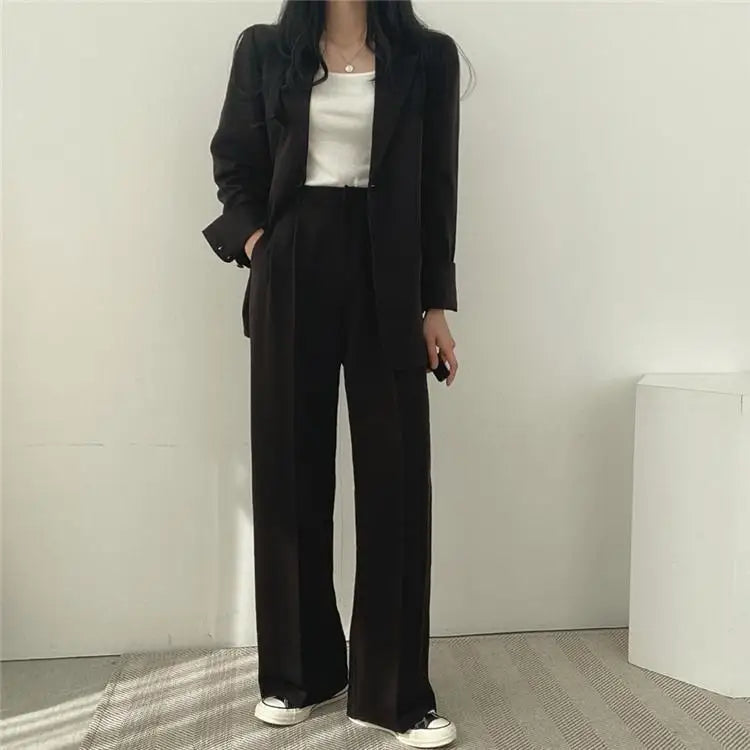 Casual Notch Lapel Suit Set with Button Thick Wide Leg Small Suit Pants High Waist Drape Polyester Business Lady Style Women