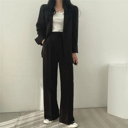 Casual Notch Lapel Suit Set with Button Thick Wide Leg Small Suit Pants High Waist Drape Polyester Business Lady Style Women
