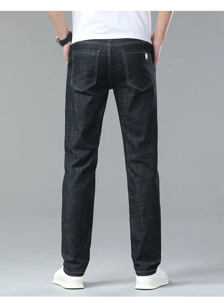 Men's Ice Silk Jeans Summer New Lyocell Thin Business Casual Denim Pants Classic All Match Slim Fit Straight Elastic Jean Male