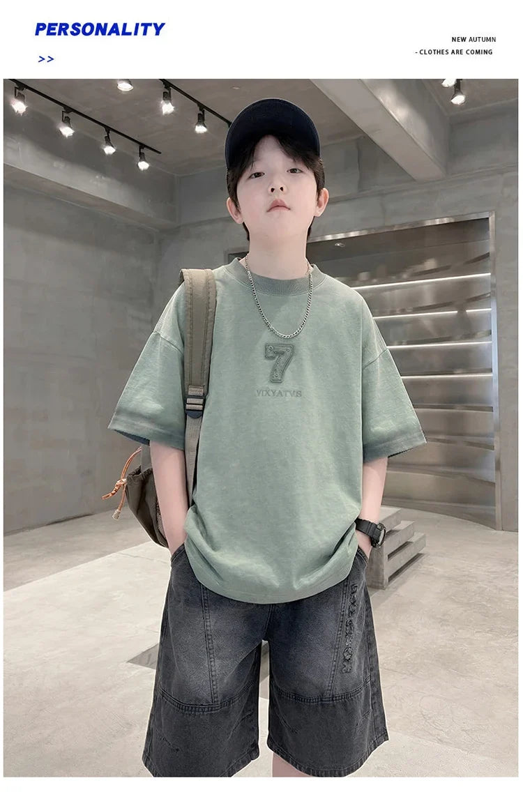 Luxurious Teen Boys Set For Child Elegant T-shirts + Denim Shorts 2PCS Clothes Set Summer Kids Luxury Clothing Set Age 6 To 16 Y
