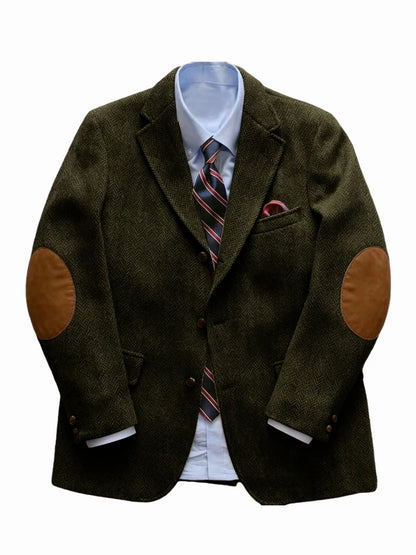 Men's Vintage Herringbone Tweed Blazer With Elbow Patch 2 Button Single Breasted Cotton Casual Slim Fit Business Jacket XS-7XL