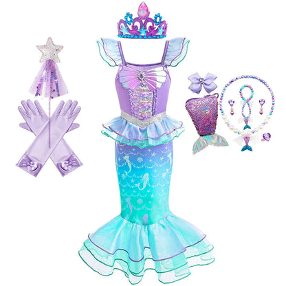 Halloween Costume Mermaid Dress Girl Ruffles Shell Fishtail Frocks Ariel Fantasy Luxury Princess Gown Children Fancy Fairy Dress
