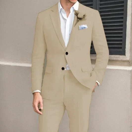 Men's High-Quality Linen Suits Notched Lapel 2-Piece Blazer And Pants Lightweight Summer Business Casual Beach Tuxedo Set