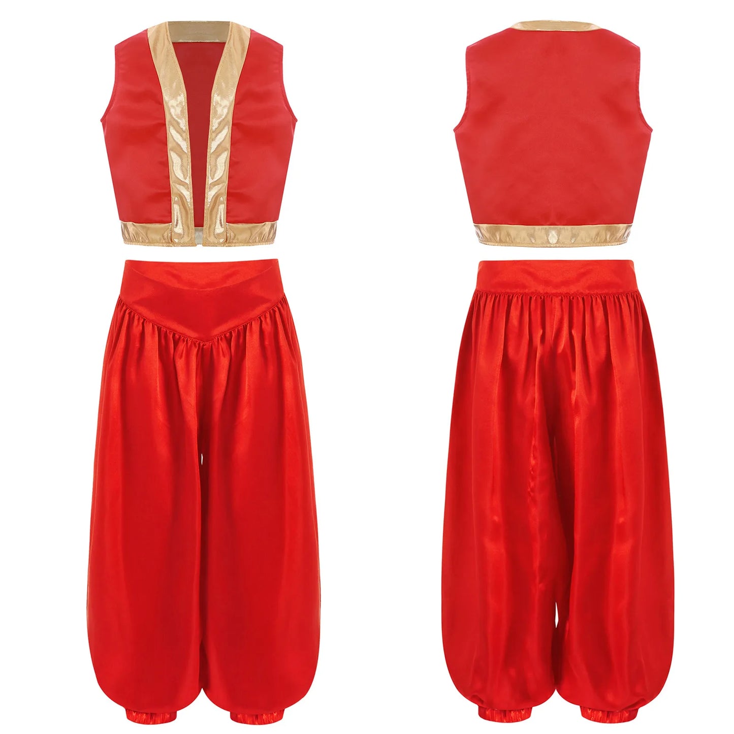 Boys Girls Prince Costume Arabian Prince Fairy Tale Character Cosplay Suits Belly Dance Golden Trim Vest with Satin Bloomer Set
