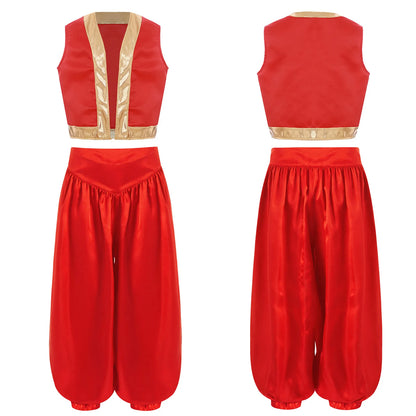 Boys Girls Prince Costume Arabian Prince Fairy Tale Character Cosplay Suits Belly Dance Golden Trim Vest with Satin Bloomer Set