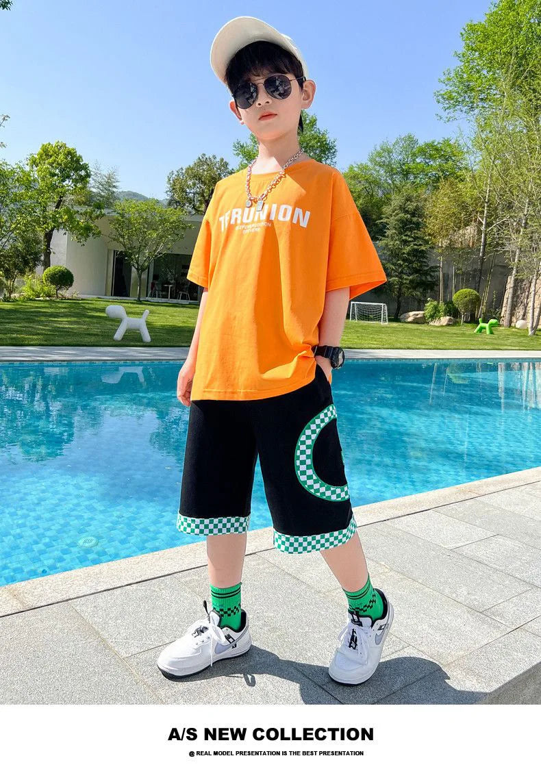 Summer Boys Cotton Alphabet Cartoon T-Shirt Tops+Patchwork Plaid Shorts Pant Set School Kids Tracksuit Child 2PCS Outfit 5-14Yr