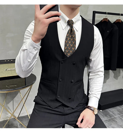British Style Double-breasted Striped Vest With Pants Men Business Slim Fit Suit Vest 2 pieces Formal Groom Wedding Dress Vest