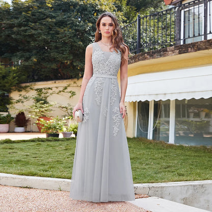 Women Burgundy Evening Dress Lace Appliques Tulle V-Neck Sexy Backless Prom Dresses A-Line Floor-Length Sleeveless Party Vestido