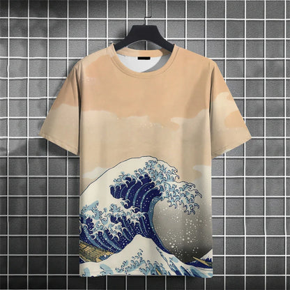 Crane Waves Pattern T-Shirt For Men Chinese Koi Fish 3D Print Tees Summer Casual Loose Short Sleeve O-Neck Tops Unisex T Shirts