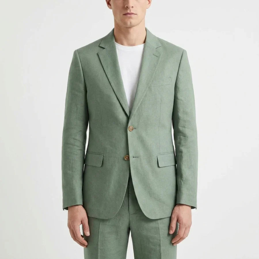 Sage Green Linen Men Suits for Prom Party 2 Pieces Slim Fit Wedding Suit Notched Lapel Jacket with Pants Summer Beach Set