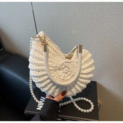 Fashion Conch Shaped Crochet Women Shoulde Bags Funny Cute Pearls Chains Handmade Weave Crossbody Bag Novelty Small Handbags