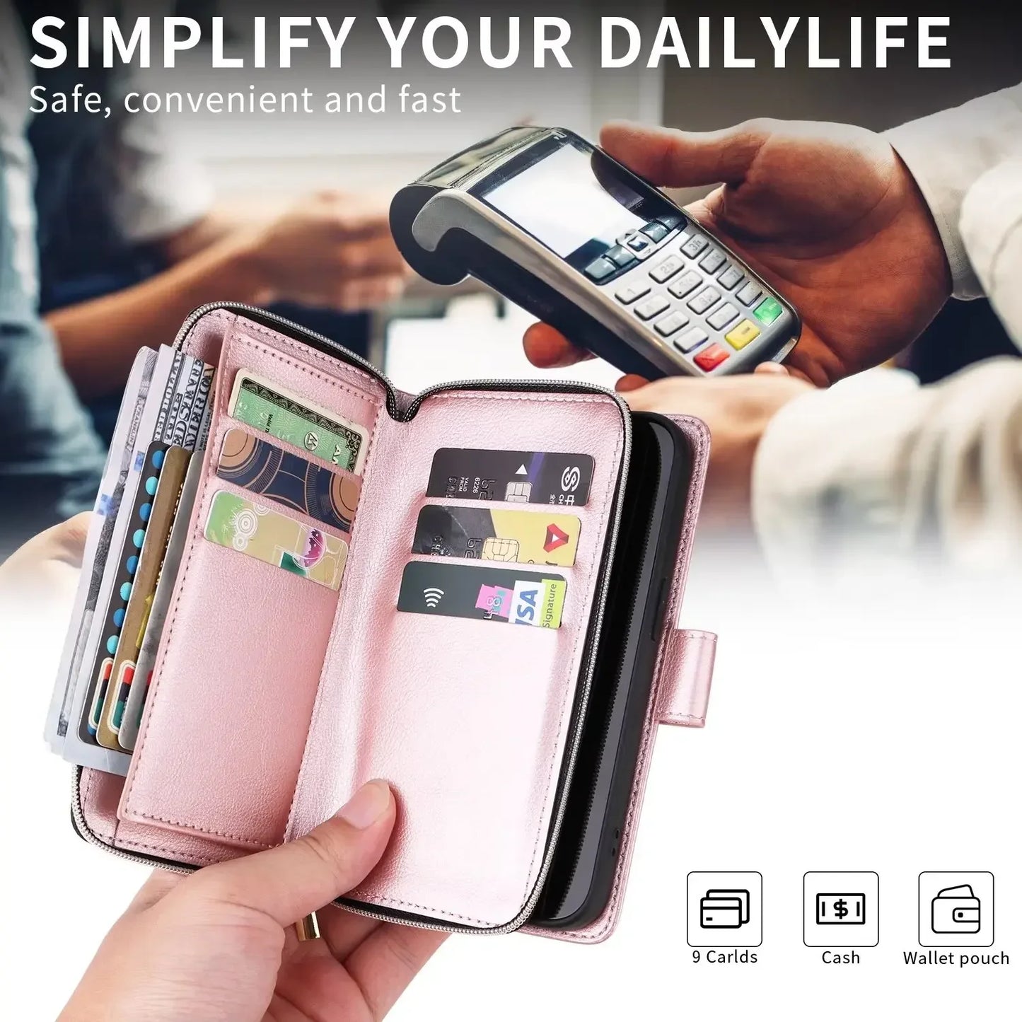 Double Layer Zipper Wallet Case with 9 Card Slots for iPhone 16 16E Pro Max 15 14 Plus13 12 Pro Max PU Leather Flip Cover