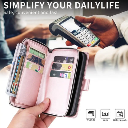 Double Layer Zipper Wallet Case with 9 Card Slots for iPhone 16 16E Pro Max 15 14 Plus13 12 Pro Max PU Leather Flip Cover