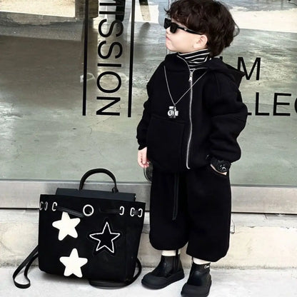 2 Pcs Hooded Set New Kid Clothing 2026 Autumn Winter Korean Boy Fleece Lining Thick Girl Fashion Sports Zipper Cotton Outfits
