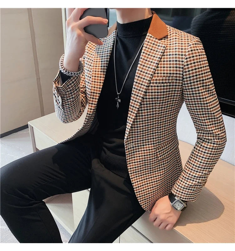 2024 Autumn Winter Korean  Houndstooth Blazer Jackets Fashion Color Matching Lapel Design Casual Men's Plaid Suit Coat Tuxedo
