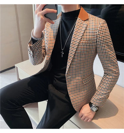 2024 Autumn Winter Korean  Houndstooth Blazer Jackets Fashion Color Matching Lapel Design Casual Men's Plaid Suit Coat Tuxedo