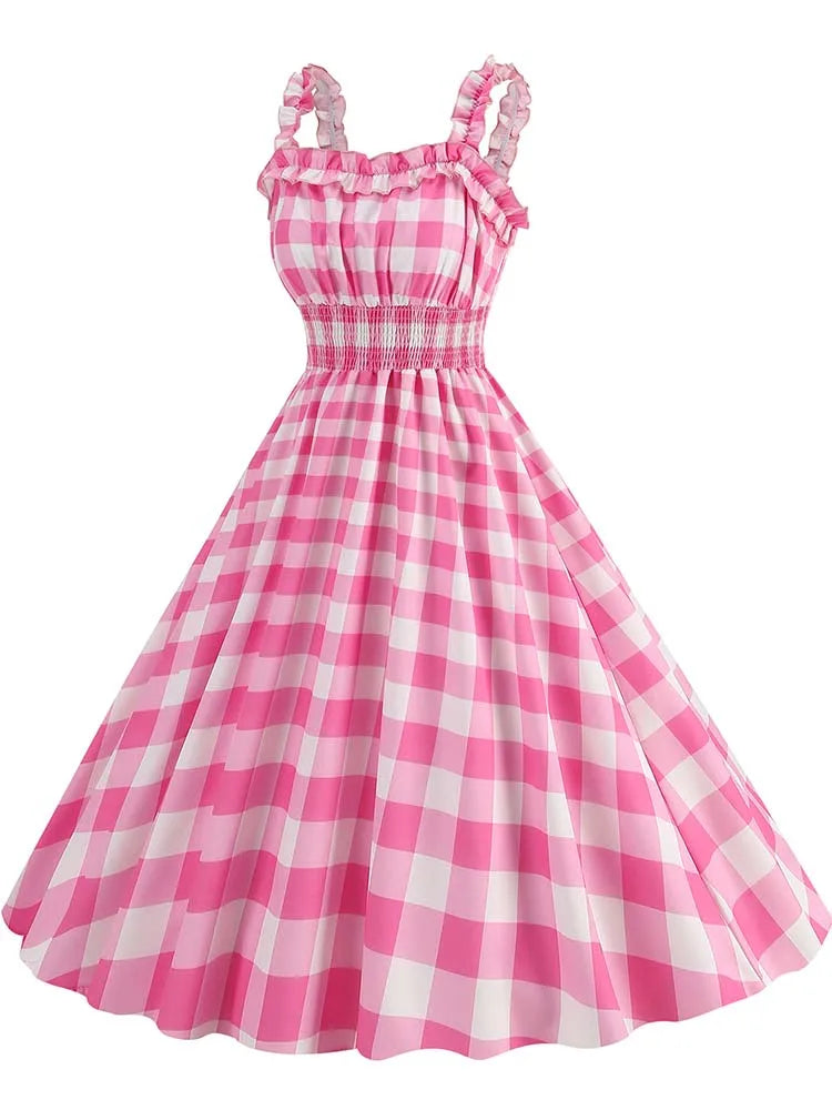 Spaghetti Strap Pink Plaid Dress Women Summer Elegant Vintage 50s Rockabilly Swing Party Dress