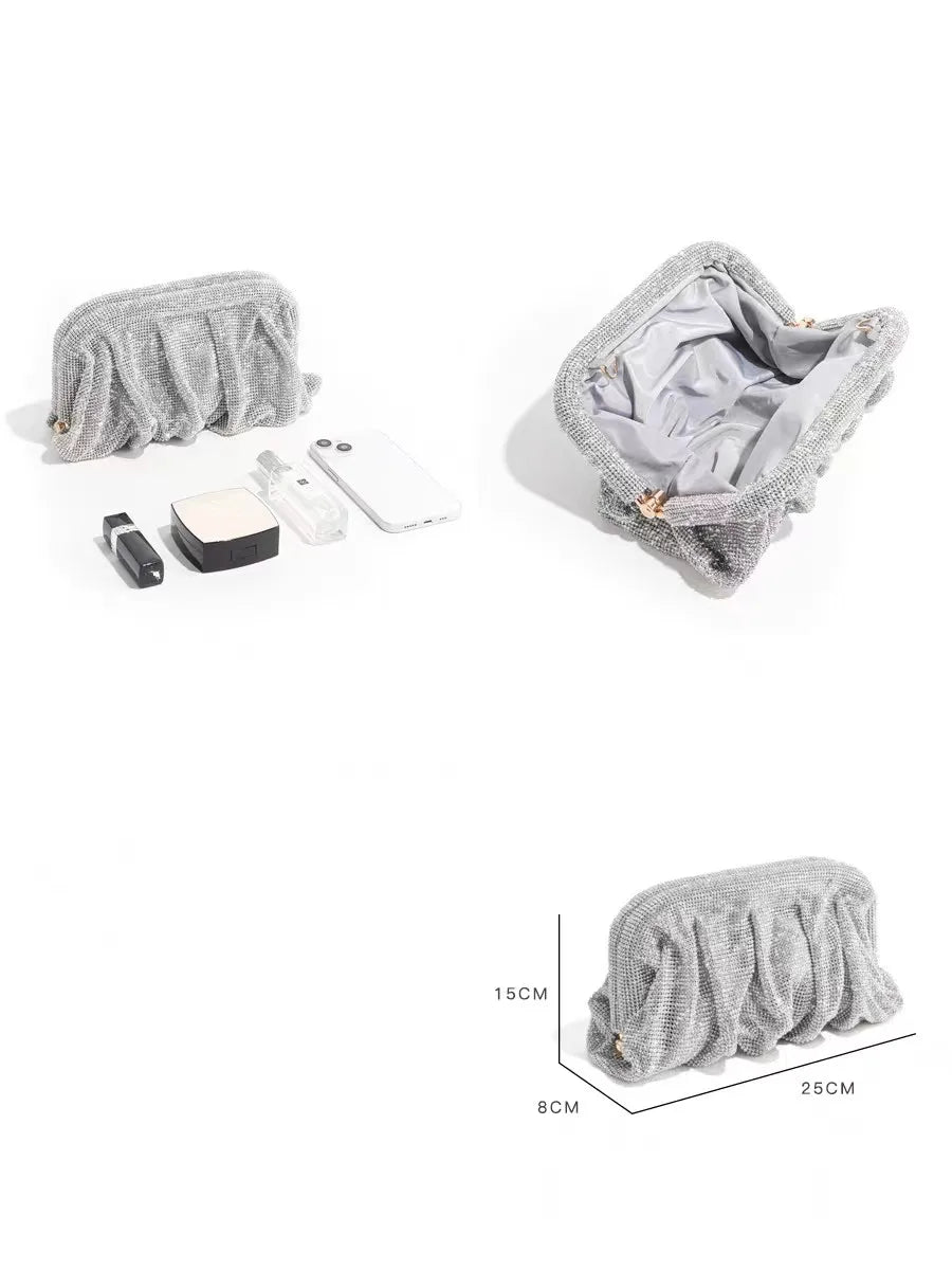 Shiny Silver Rhinestone Clutch Bags Women 2023 Luxury Designer Trending Boutique Folds Crystal Purses and Handbags Wedding Party
