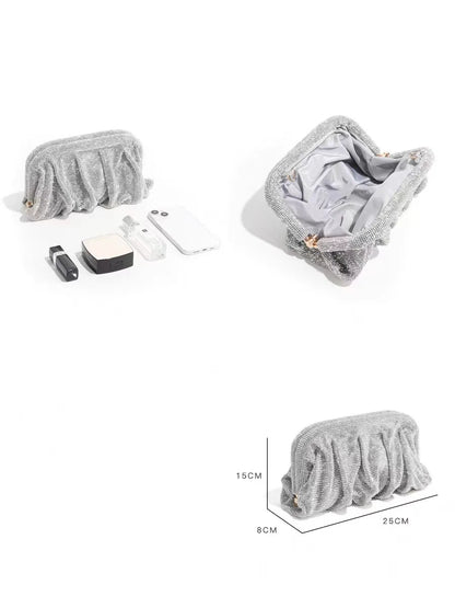 Shiny Silver Rhinestone Clutch Bags Women 2023 Luxury Designer Trending Boutique Folds Crystal Purses and Handbags Wedding Party