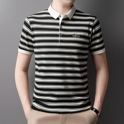 2025 Summer New Men's Polo Shirt Business Casual Collar Short Sleeve Men's Fashion Printed Stripe Half Sleeve Top