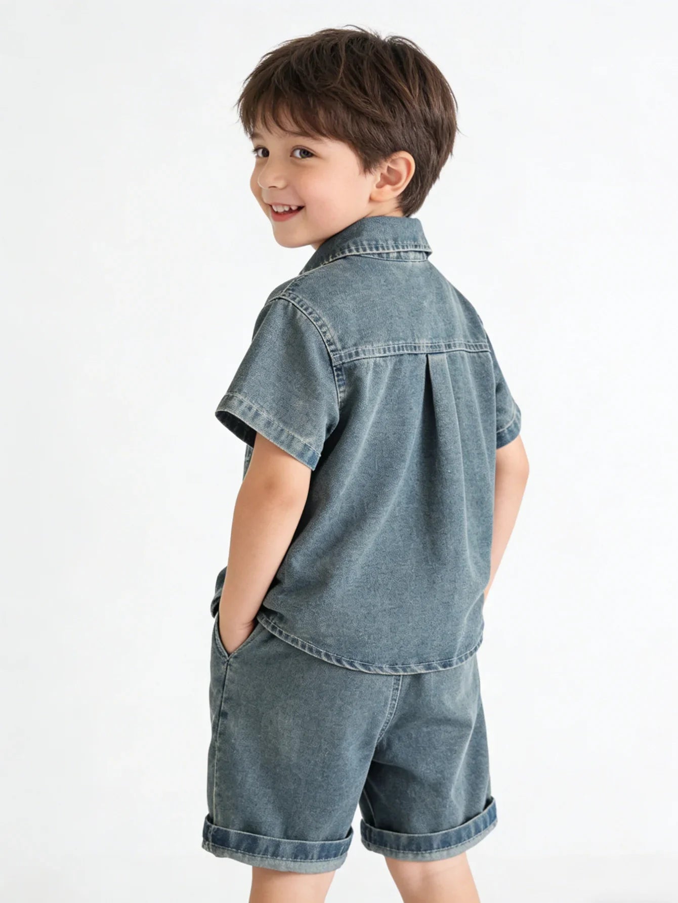 Breathable Kids Denim Two Piece Set, Soft Cotton Blend Toddler Boy Casual Outfit, Lightweight Vintage Washed Shirt + Shorts For