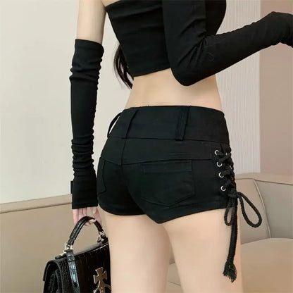 Korean Low Rise Denim Shorts 2024 - Riveted Lace Up Bodycon Black Hot Pants Vintage Cheeky Booty Summer TikTok Y2K Outfit