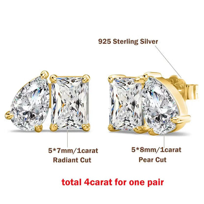 4cttw Radiant/Emerald&Pear Cut Moissanite Stud Earring with Certificate 2Diamond Ear Studs for Women Wedding S925 Silver Jewelry