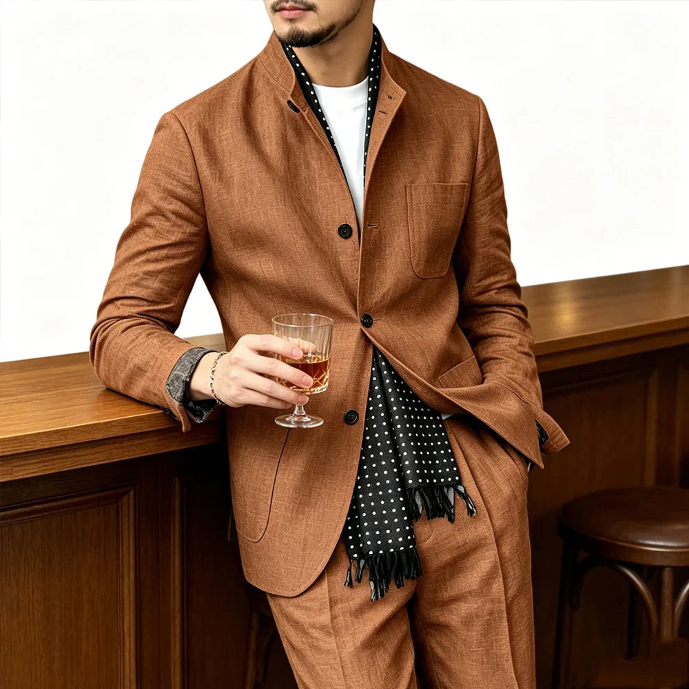 Men's Linen Blend 2 Piece Suit Set Stand Collar Breathable Casual Blazer Pants For Business Daily Wear