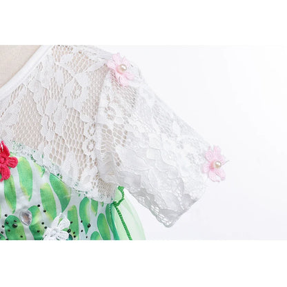 Elsa Green Dress for Kids Girl Princess  Costume Dresses  Children Long Cloak Floral Lace Ball Gown Summer