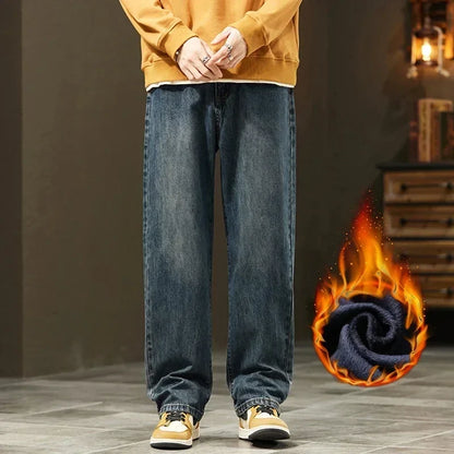 Thick Vintage Jeans Men's Winter Straight Warm Fleece Baggy Thermal Denim Trousers Fashion Korean Wide Male Plush Pants