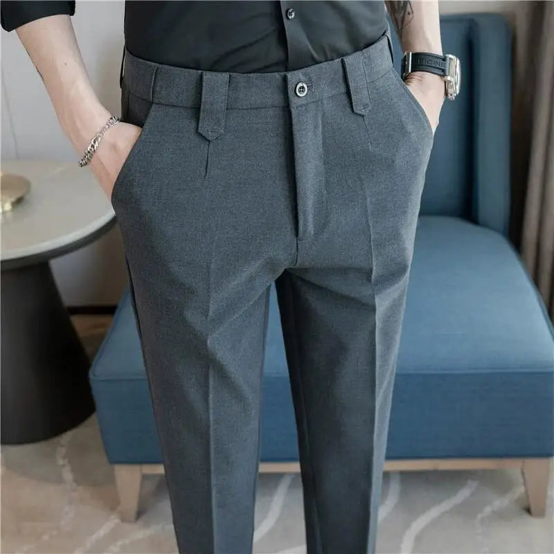 Elastic Waist Solid Color Suit Pants Men Formal Slim Fit Business Casual Trouser High Quality Social Wedding Fashion Dress Pant