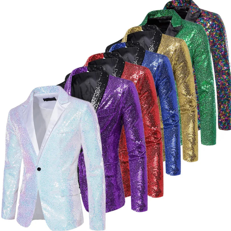 2026 Men's Suit Jacket, Shiny Sequin Stage Performance Coat, White Silver Blue Red Purple Blazers V-neck Single Button S-XXL
