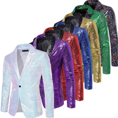 2026 Men's Suit Jacket, Shiny Sequin Stage Performance Coat, White Silver Blue Red Purple Blazers V-neck Single Button S-XXL