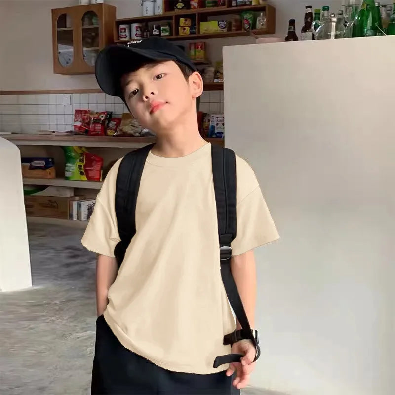 Summer Casual School Kids Cotton Plain Tee Tops Baby and Boys Short-Sleeved T-Shirt Children Outfit Clothing 1-16 Years