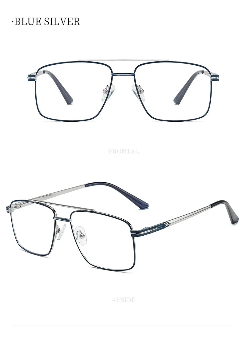 Classic Business Men's Metal Geometric Square Frame Eyewear Customizable Prescription Blue Light Protection Eyewear