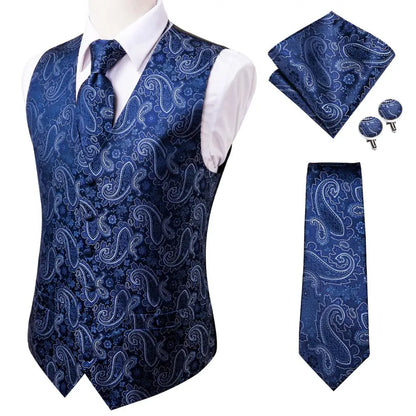 20 Color Men's Vests Tie Business Formal Dress Slim Sleeveless Jacket 4PC Hanky Cufflink Blue Paisley Suit Waistcoat