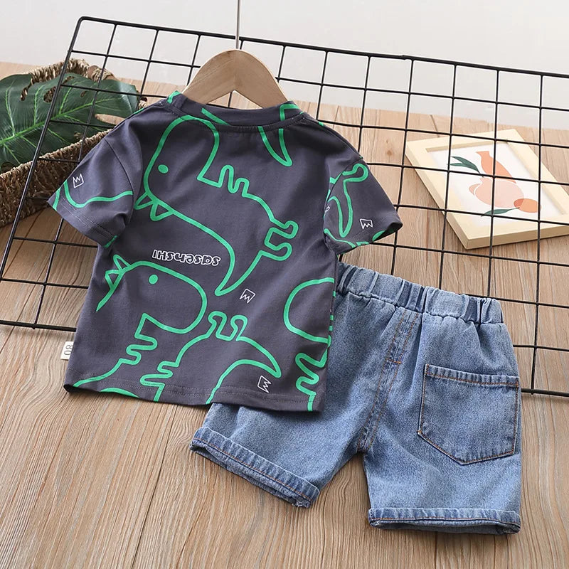 Boys Clothes Summer Fashion Crew Neck Children Tracksuit Dinosaur T-shirt Denim Shorts Suit Kids Outfit Baby Boys Set 1-5 Years