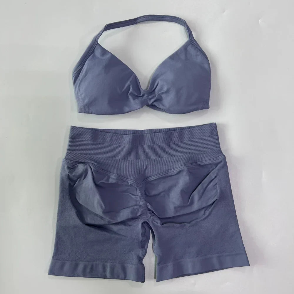 NO LOGO 2PCS Gym Set Women Strappy Yoga Bra Top High Waist Workout Scrunch Shorts Sports Suit Seamless Yoga Set Fitness Clothes
