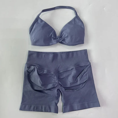 NO LOGO 2PCS Gym Set Women Strappy Yoga Bra Top High Waist Workout Scrunch Shorts Sports Suit Seamless Yoga Set Fitness Clothes