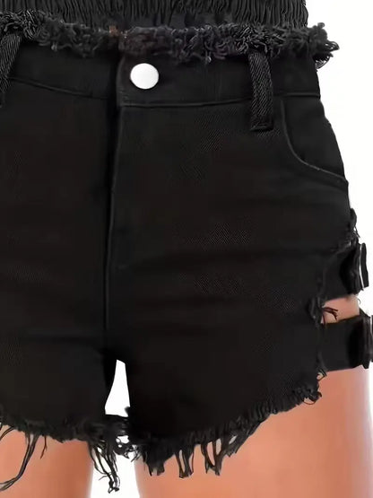 Women's Black Denim Shorts Low Waisted Frayed Hem Adjustable Buckle Straps Cutout Sexy Clubwear Party Mini Hot Pants