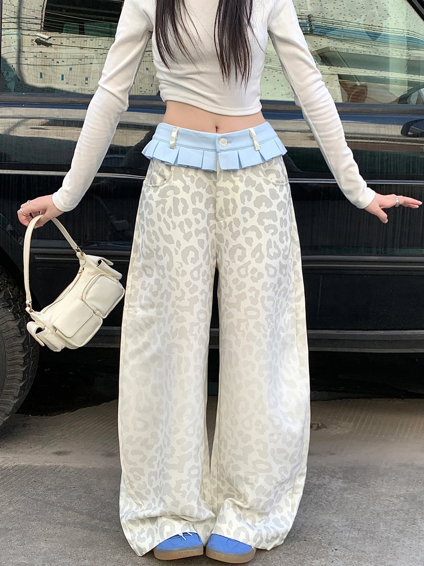 Women's Beige leopard print Y2k Jeans Baggy Aesthetic Denim Trousers Harajuku Streetwear Jean Pants Vintage 2000s Trashy Clothes