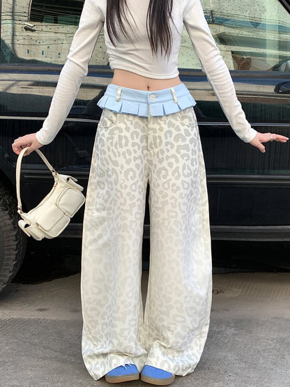 Women's Beige leopard print Y2k Jeans Baggy Aesthetic Denim Trousers Harajuku Streetwear Jean Pants Vintage 2000s Trashy Clothes