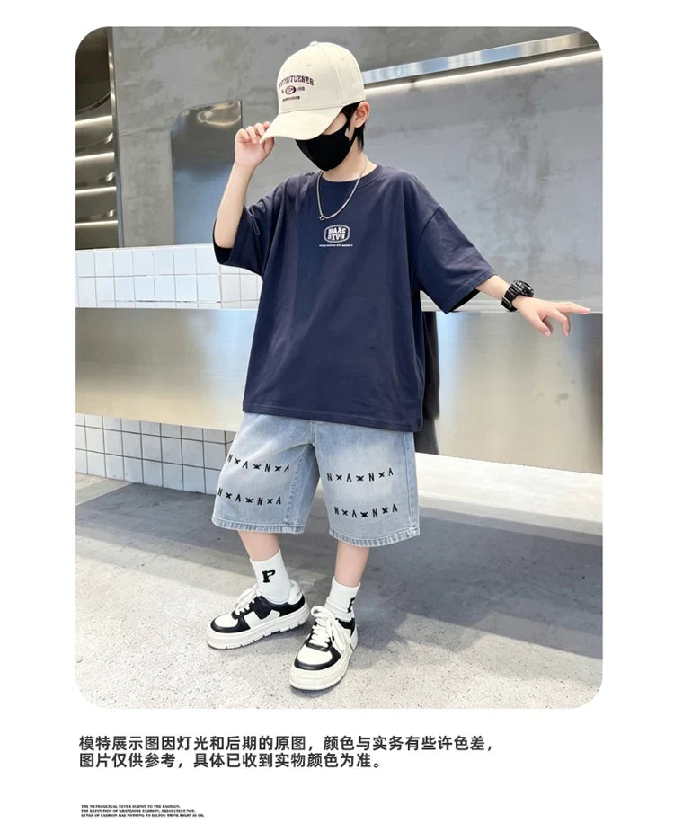 6-16 Year Children Short Sleeve Top And Bottom Clothing Set for Tween Boys Casual Streetwear Outfit Kids New Summer Clothes Suit