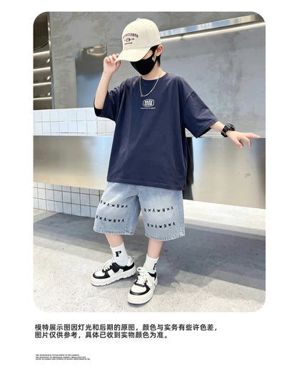 6-16 Year Children Short Sleeve Top And Bottom Clothing Set for Tween Boys Casual Streetwear Outfit Kids New Summer Clothes Suit
