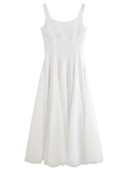2026 Summer Women‘s Square Neck Tulle A-Line Maxi Dress Vest Collar Flowy Long Dress for Romantic Coquette Summer Style