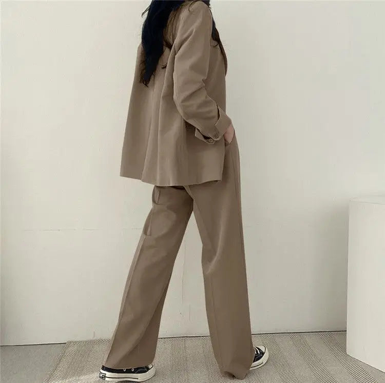 Casual Notch Lapel Suit Set with Button Thick Wide Leg Small Suit Pants High Waist Drape Polyester Business Lady Style Women