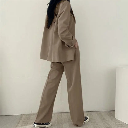 Casual Notch Lapel Suit Set with Button Thick Wide Leg Small Suit Pants High Waist Drape Polyester Business Lady Style Women