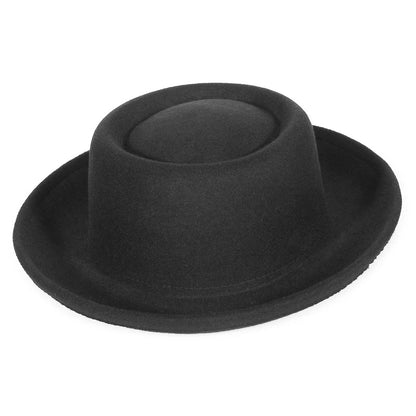 Autumn Winter Pork Pie Fedora Hat for Women Men Soft Felt Curved Brim Porkpie Hats with Hatband Feather