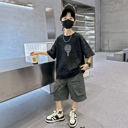 Fashion Boys Summer Outfit T-shirt Shorts Sports Set Children Top and Bottom Tracksuit Set Kids Casual Cotton Sportswear 5-14Y